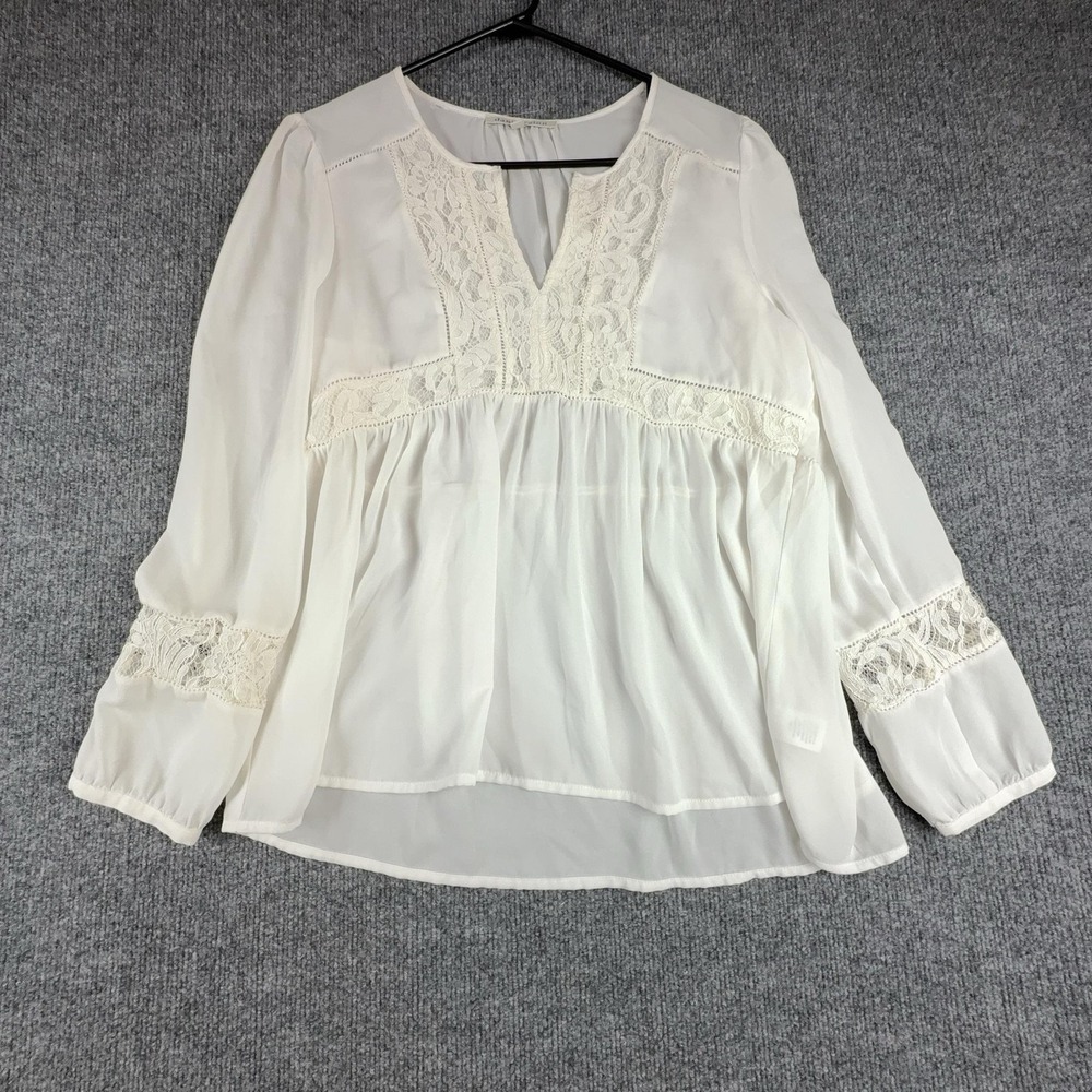 Daniel Rainn Blouse Womens Medium White Lace V Neck Sheer Boho Tunic Top